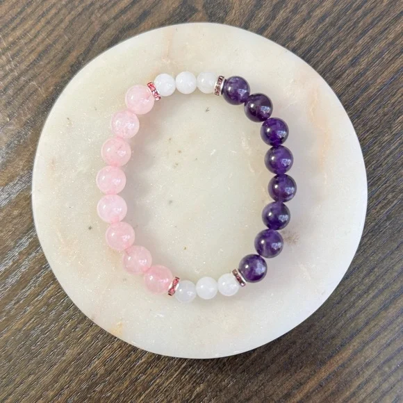 Elegant Pink Purple Beaded Bracelet Amethyst, Rose Quartz & White Jade for Adult - Picture 4 of 5